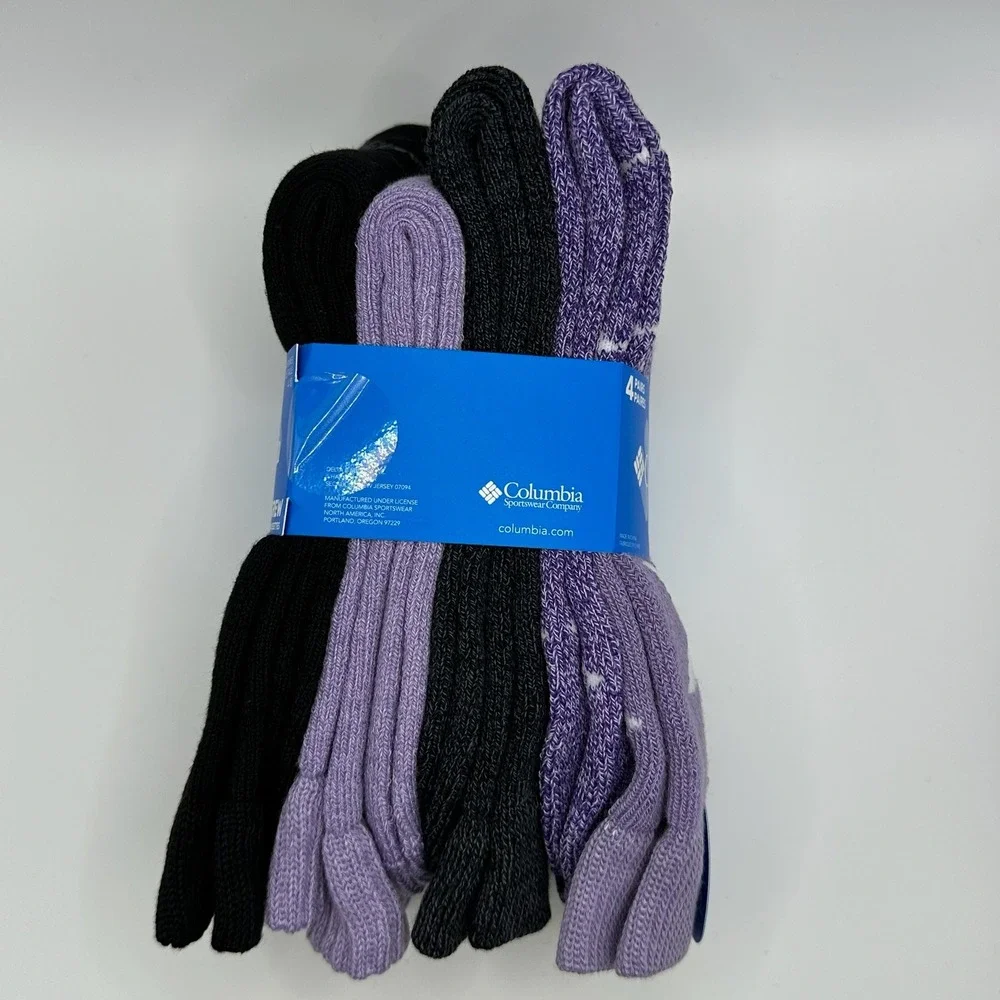 Columbia Crew Socks Women 4-10 Purple Black 4-Pack NWT Snowflake Reinforced